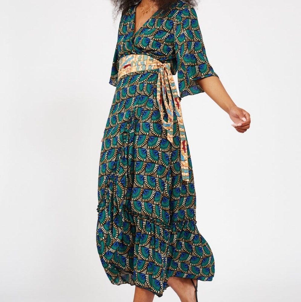 SILK & SALT Journey Maxi Wrap Dress African Peacock, Size Large -runs small, NWT